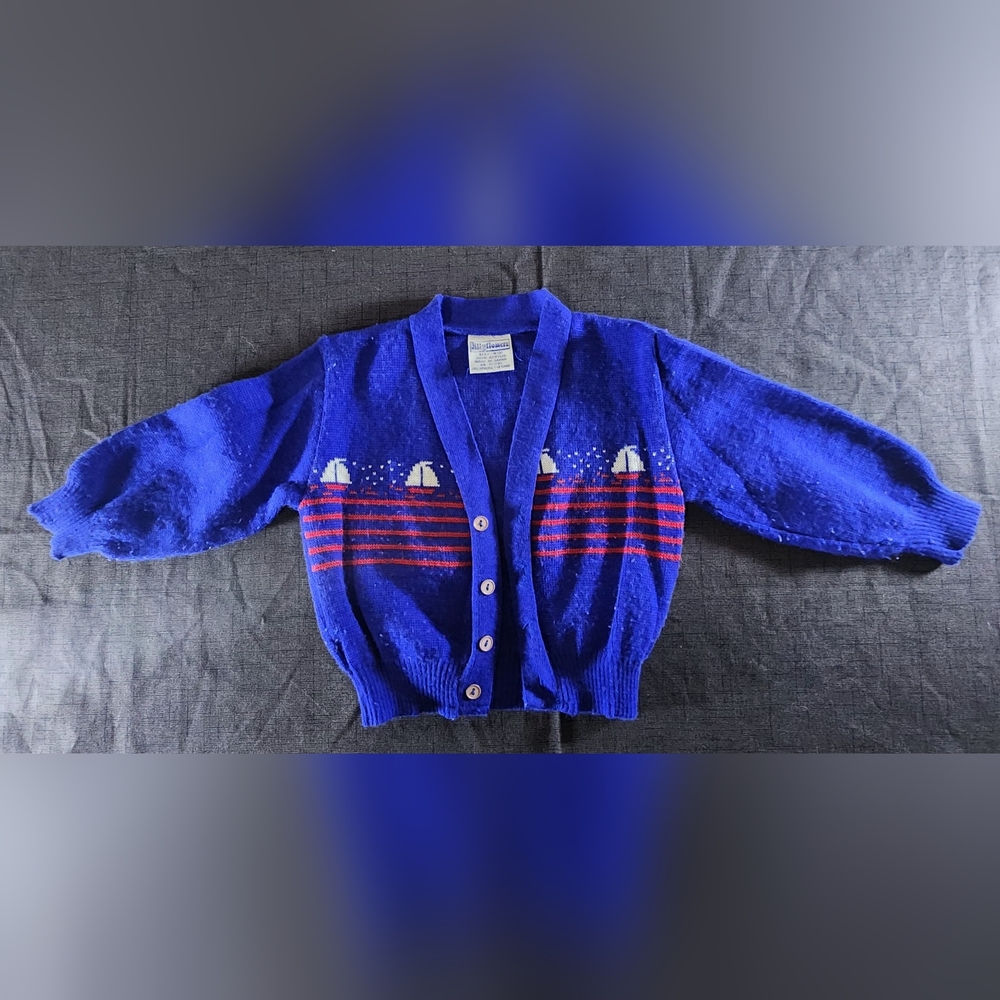 Blue cardigan with sail boats